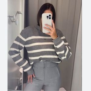 H&M knit ribbed striped grey and white sweater